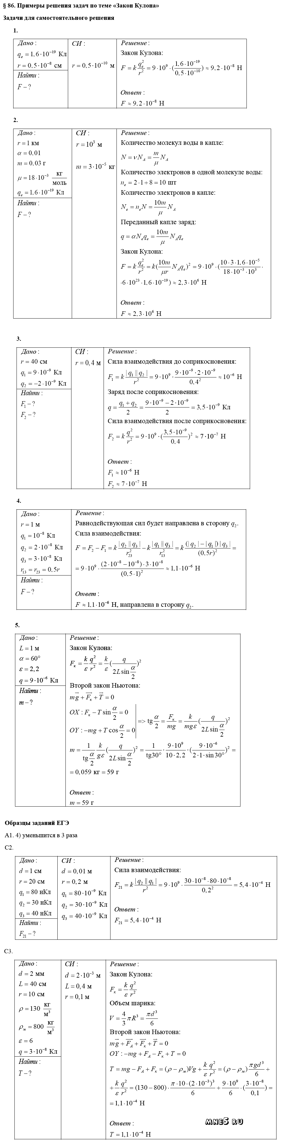 ГДЗ Физика 10 класс - §86. Примеры решения задач по теме - Закон Кулона