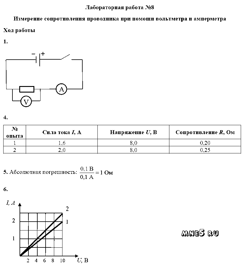 ГДЗ Физика 8 класс - ЛР-8. Измерение сопротивления проводника при помощи вольтметра и амперметра