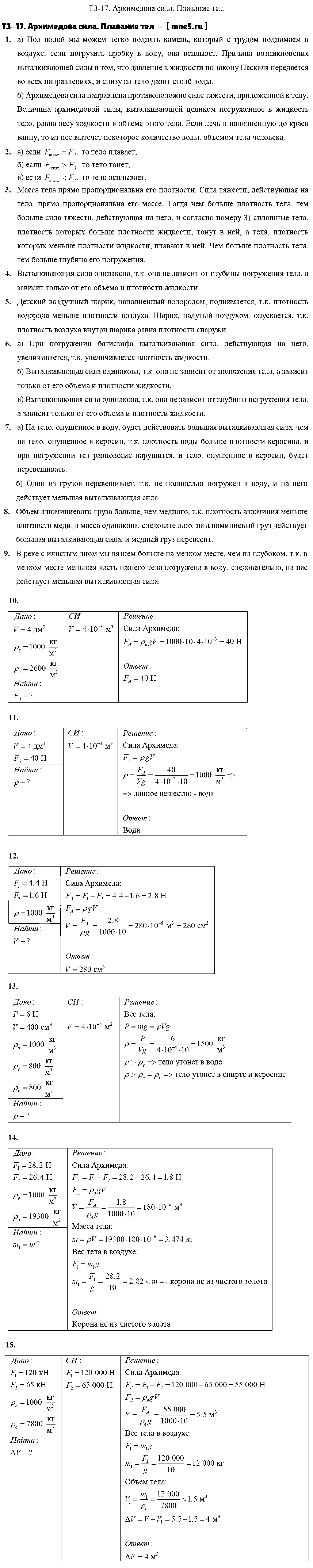 ГДЗ Физика 7 класс - ТЗ-17. Архимедова сила. Плавание тел